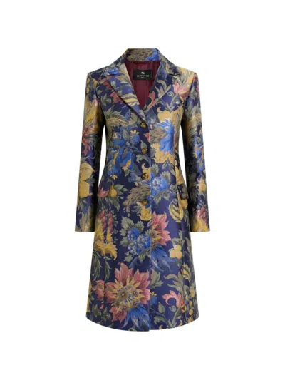 Etro Cotton-blend Jacquard Coat With Floral Motif In Blue