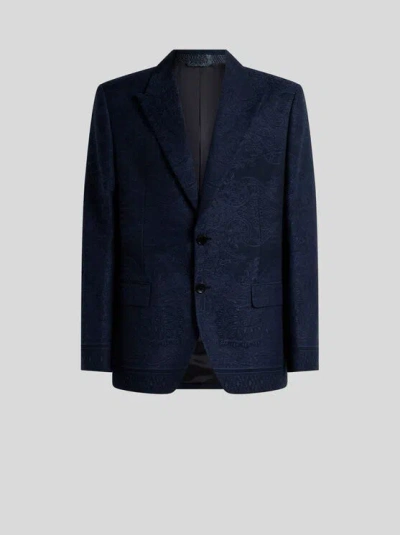 Etro , Cotton-blend Jacquard Jacket With Placed Floral Paisley Motif, Man, Navy Blue, Size 60