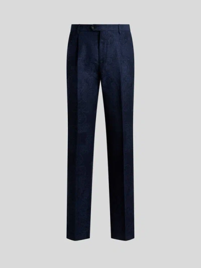 Etro , Cotton-blend Jacquard Trousers With Placed Floral Paisley Motif, Man, Navy Blue, Size 50