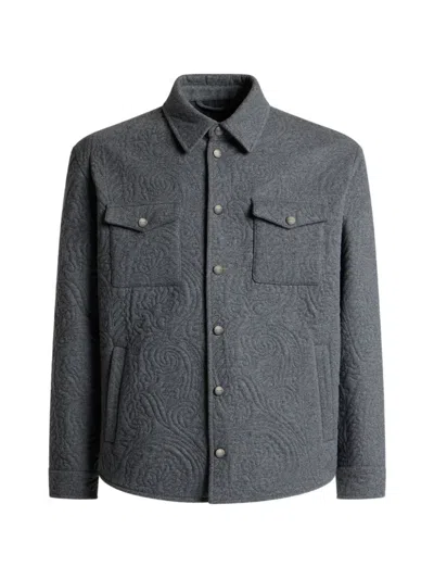 Etro Cotton-blend Overshirt With Quilt-effect Paisley Embroidery In Blue