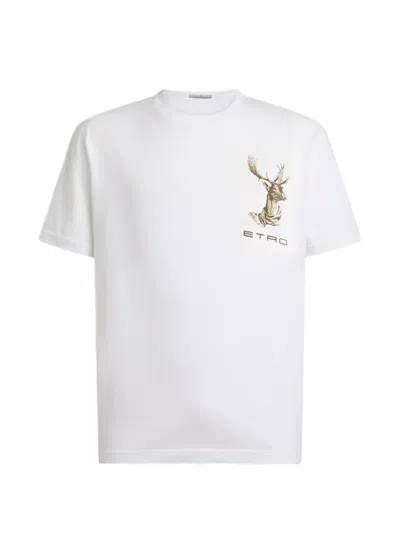 Etro Cotton-jersey T-shirt With -embroidery And Moose-print In White