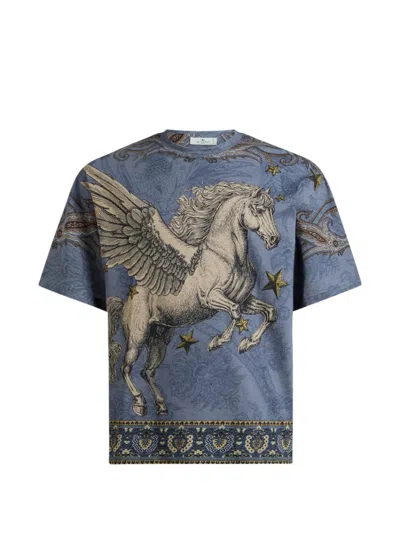 Etro Cotton-jersey T-shirt With Placed Pegaso-print In Blue