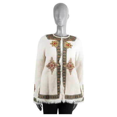 Pre-owned Etro Cream 2021 Mustang Embroidered Shearling Jacket 42 M In White