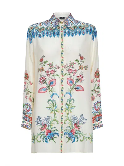Etro Cream Floral-printed Silk Long Shirt In White