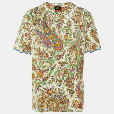 Pre-owned Etro Cream Paisley Print Cotton Crew Neck T-shirt M In White