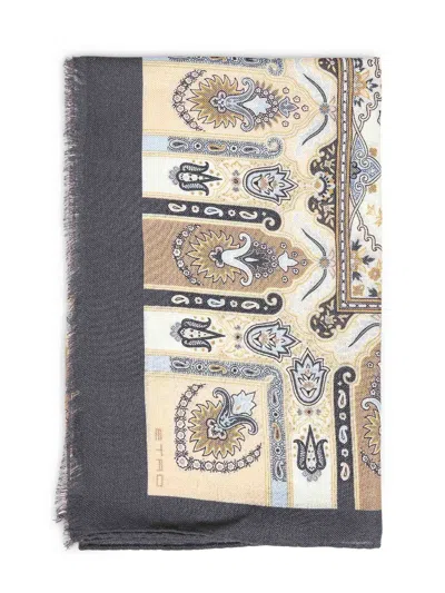 Etro Cream Wool And Silk Scarf With Floral Paisley Pattern In Neutral