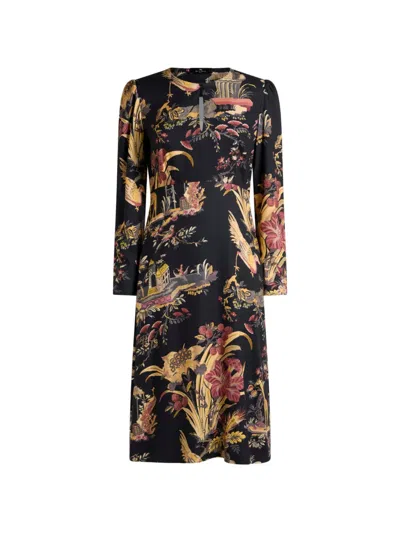 Etro Crepe Midi Dress With Flower And Animal Motif In Multi