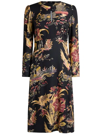 Etro Crepe Midi Dress With Flower And Animal Motif In Blue