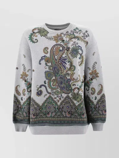 Etro Crew Neck Cotton Sweatshirt With Floral And Paisley Patterns In Grey