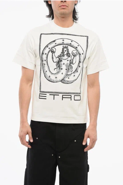 Etro Crew Neck Cotton T-shirt With Front Print In Bianco