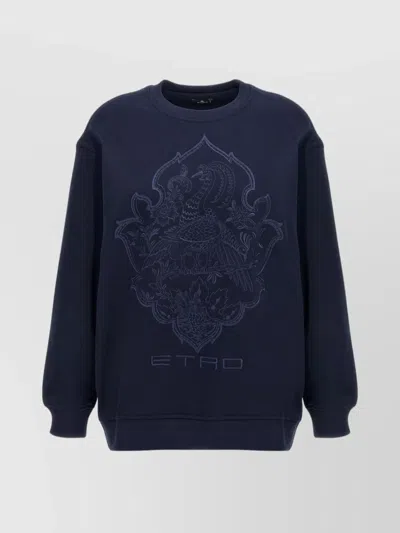 Etro Crew Neck Embroidered Sweatshirt In Navy Blue