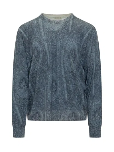 Etro Silk Blend Crew Neck Sweater With Paisley Embroidery In Blue