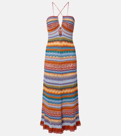 Etro Long Knit Cotton Dress With Stripes And Openwork In Multi