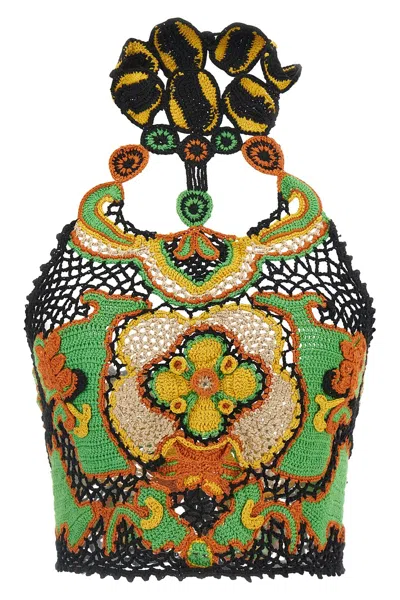 Etro Cotton Crop Top With Crochet-effect Floral Pattern In Multi