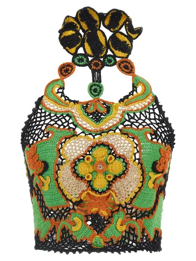 Etro Cotton Crop Top With Crochet-effect Floral Pattern In Multi