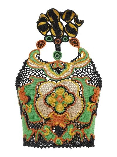 Etro Cotton Crop Top With Crochet-effect Floral Pattern In Multi