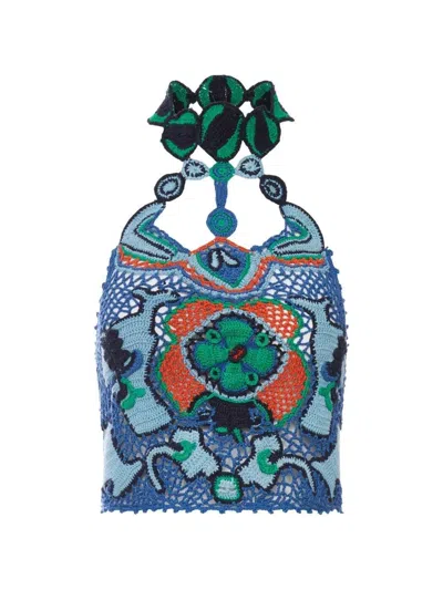 Etro Cotton Crop Top With Crochet-effect Floral Pattern In Blue