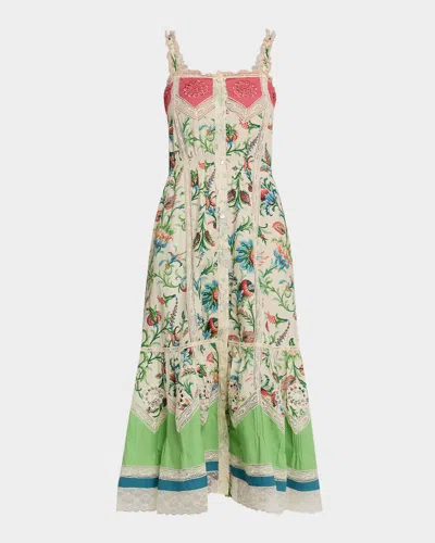 Etro Crochet-inset Floral Cotton Button-front Midi Dress In Multi