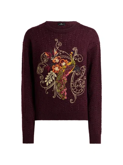 Etro Cropped Cable-knit Cashmere-blend Sweater With Peacock Embroidery In Burgundy