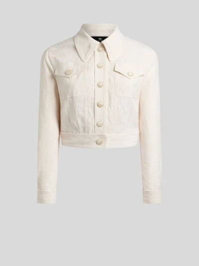 Etro , Cropped Jacquard-jacke Aus Einer Stretch-baumwollmischung Mit Rebrodé-spitze, Damen, Weiss, Grösse In White