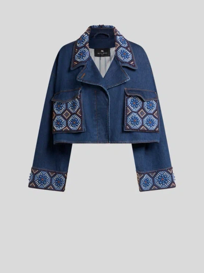 ETRO , CROPPED JACKET WITH PEARL EMBROIDERY, WOMAN, NAVY BLUE, SIZE 38