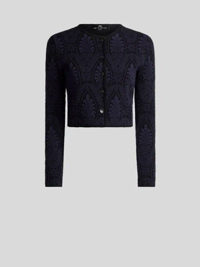 Etro , Cropped Jacquard-cardigan Mit Medaillon-motiv, Damen, Blau, Grösse 38