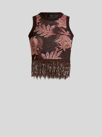 Etro , Cropped Jacquard-top Aus Einer Baumwollmischung Mit Floralem Motiv, Damen, Braun, Grösse 42 In Brown