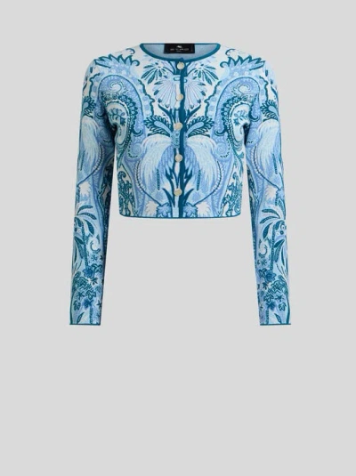 Etro , Cropped Jacquard-cardigan Mit Paisley-ramage-motiv, Damen, Hellblau, Grösse 50 In Blue