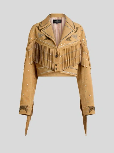 Etro Studded Fringed Leather Jacket In Brown