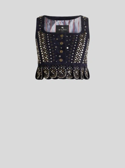 Etro , Cropped Leather Waistcoat With Studs, Woman, Navy Blue, Size 42