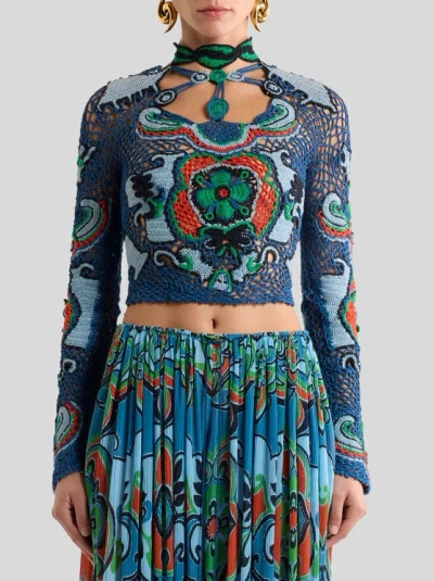 Etro , Cropped Pullover Aus Baumwolle Mit Floralem Muster In Häkeloptik, Damen, Hellblau, Grösse 44 In Blue