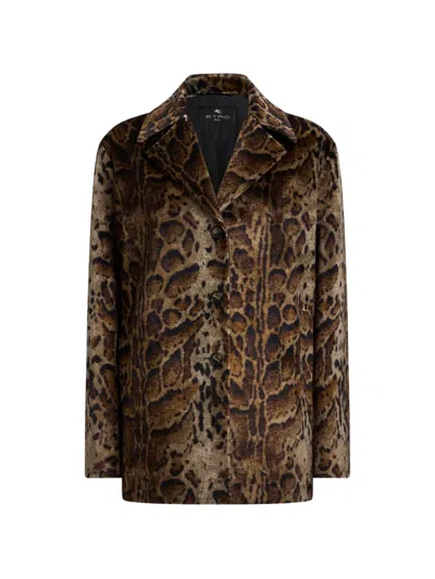 Etro Cropped Velvet Coat With Leopard Motif In Brown