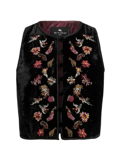 Etro Cropped Velvet Waistcoat With Embroidery And Beads In Black