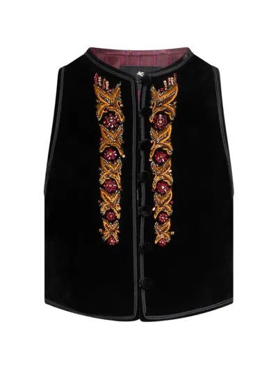 Etro Cropped Velvet Waistcoat With Embroidery And Beads In Black