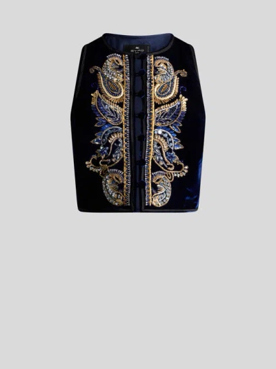 Etro , Cropped Velvet Waistcoat With Paisley Foliage Embroidery, Woman, Blue, Size 42 In Black