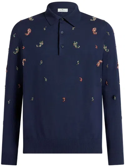 Etro Crystal-detailed Mini Paisley Polo Shirt In Navy Blue