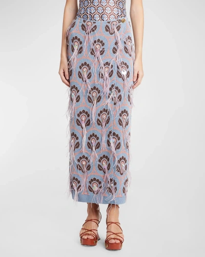 Etro Crystal Feather Embellished Foulard Knit Maxi Wrap Skirt In Print On Pale Blu