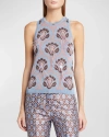 Etro Crystal Feather Embellished Foulard Knit Tank Top In Print On Pale Blu