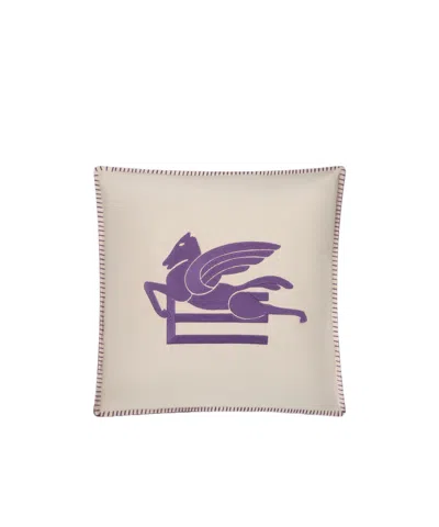 Etro Cushion With Embroidered Pegaso And Logo In Nude