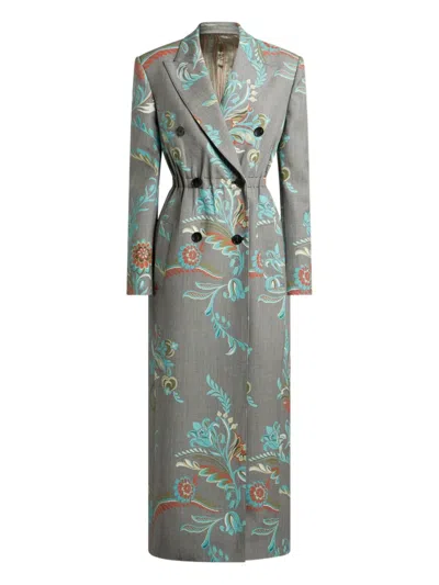 Etro Daffodil-print Double-breasted Coat In Gray