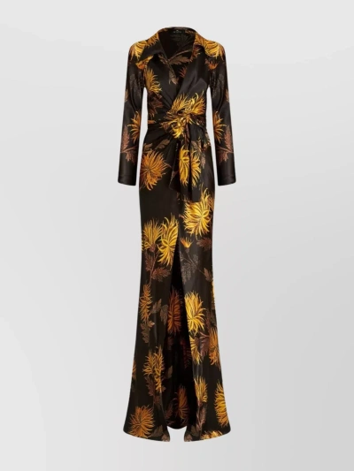 Etro Floral Print Knee Length Dress With Long Sleeves In Brown