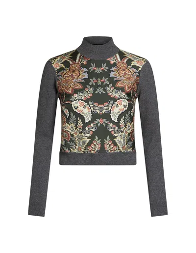 Etro Floral Contrast-panel Jumper In Dark Green