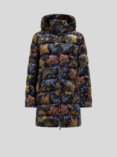 Etro , Daunenjacke Aus Baumwollsamt Mit Kapuze Und Floralem Überdruck, Damen, Blau, Grösse 38 In Multi