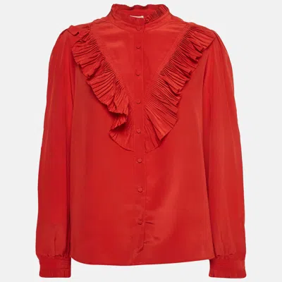 Pre-owned Etro Deluxe Red Silk Ruffle Detail Taccora Shirt M