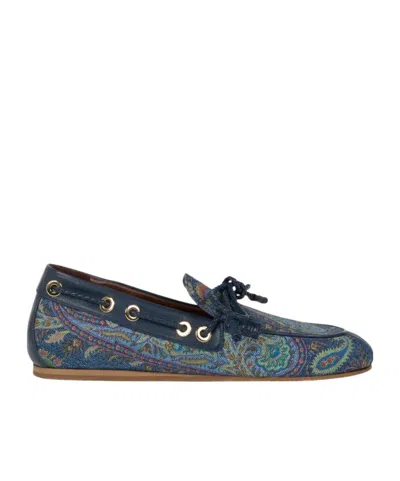 Etro Denim Boat Loafers With Leafy Paisley Motif In Blue