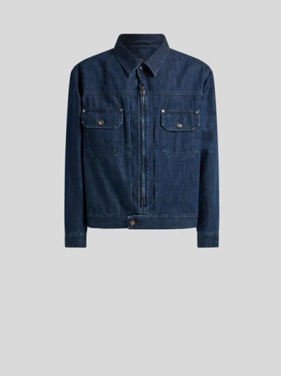 Etro Denim Jacket With Octopus Embroidery And Logo In Navy Blue