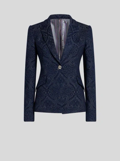 ETRO , DENIM JACQUARD JACKET, WOMAN, BLUE, SIZE 50