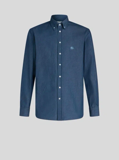 ETRO , DENIM SHIRT WITH LOGO, MAN, NAVY BLUE, SIZE 42