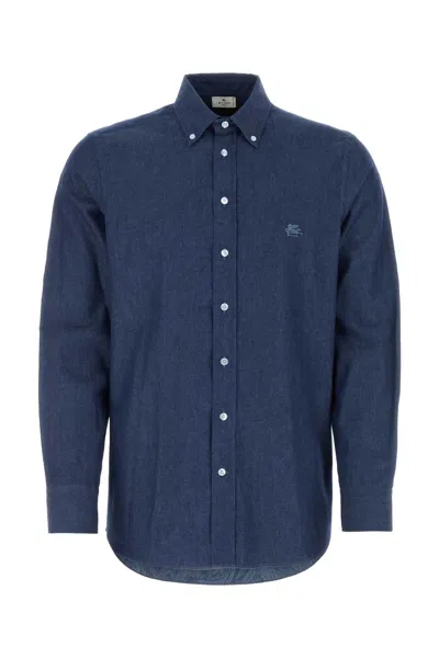 Etro Paisley Washed Denim Shirt In Blue