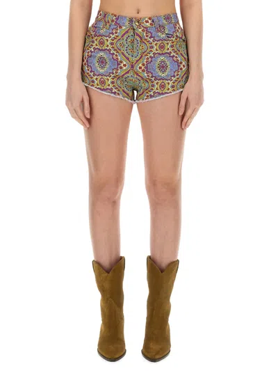 Etro Denim Shorts With Medallion Print In Multi